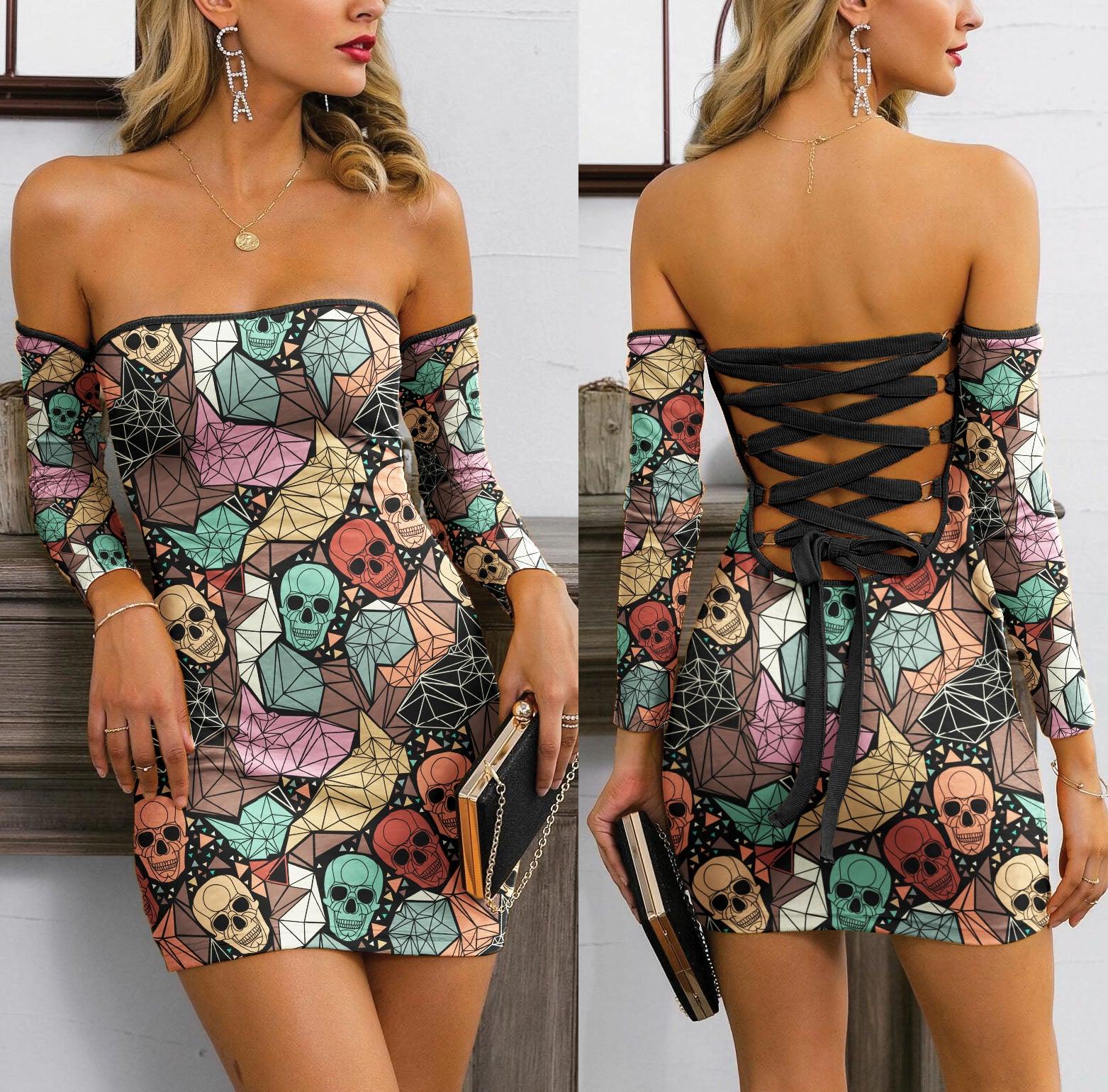 Skull Pattern Off-shoulder Back Lace-up Dress. - Wonder Skull