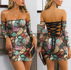 Skull Pattern Off-shoulder Back Lace-up Dress. - Wonder Skull