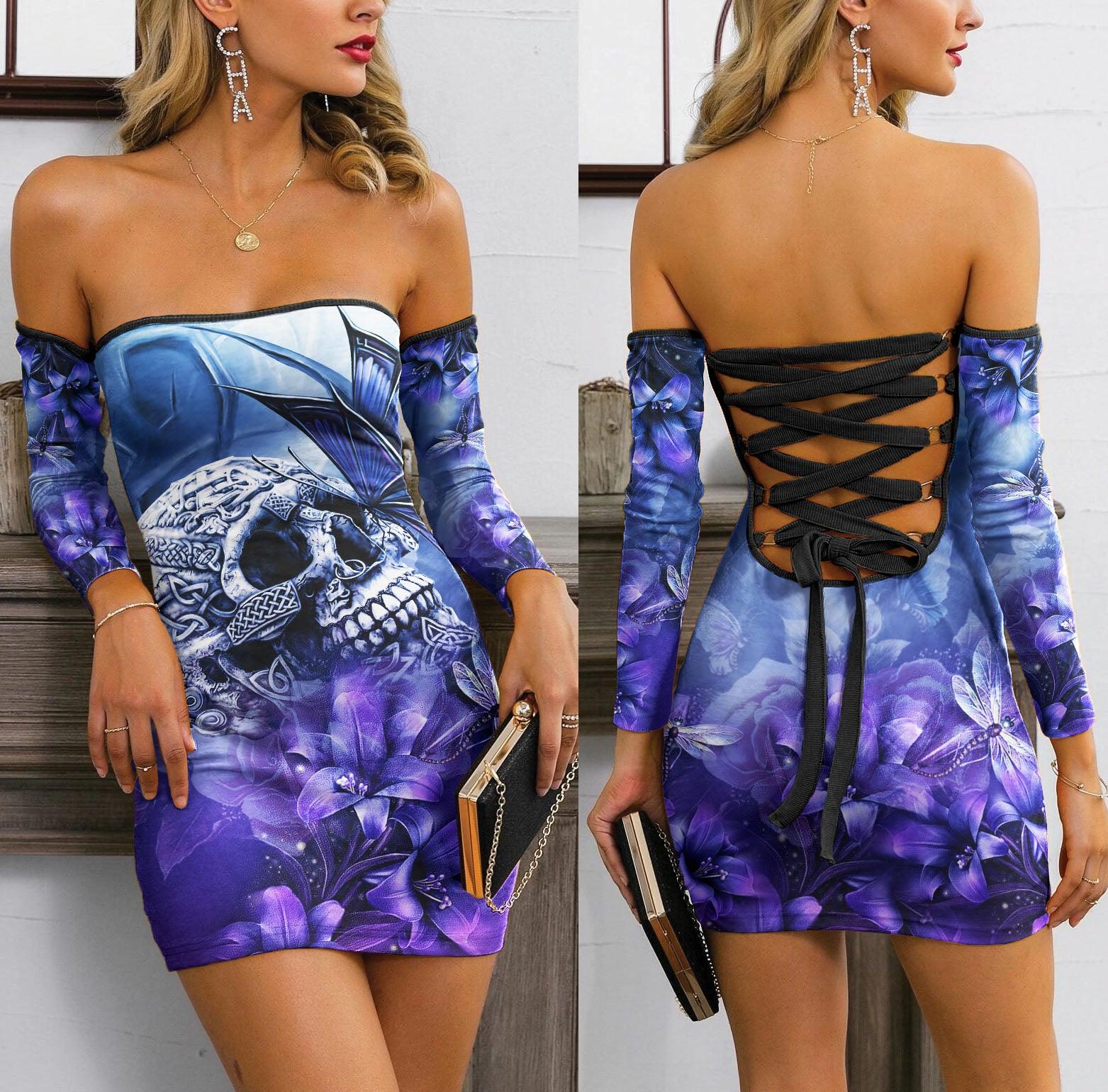 Skull Sugar Butterfly Purple Off-shoulder Back Lace-up Dress - Wonder Skull