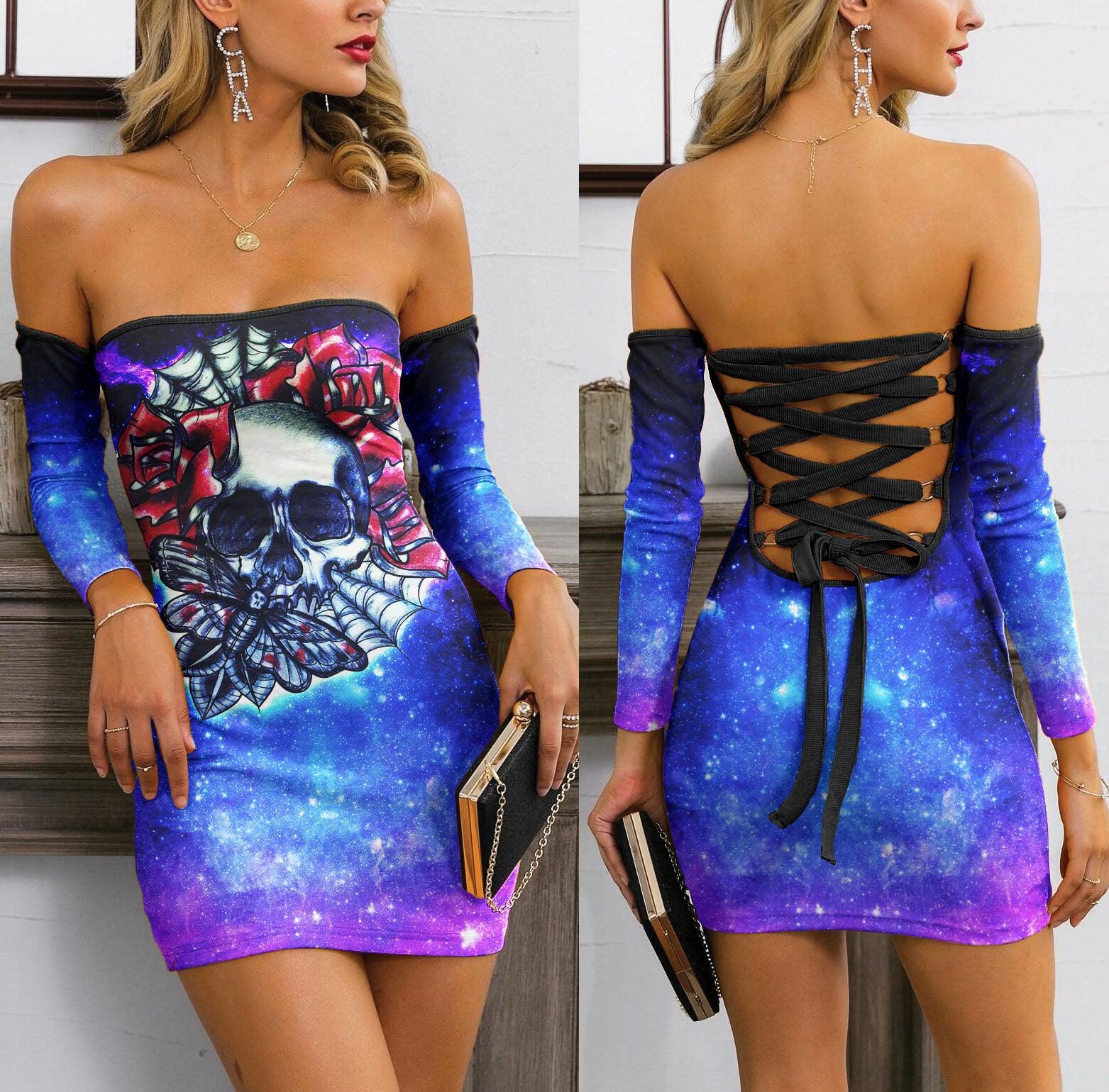 Skull Rose Galaxy Gothic Off-shoulder Back Lace-up Dress - Wonder Skull