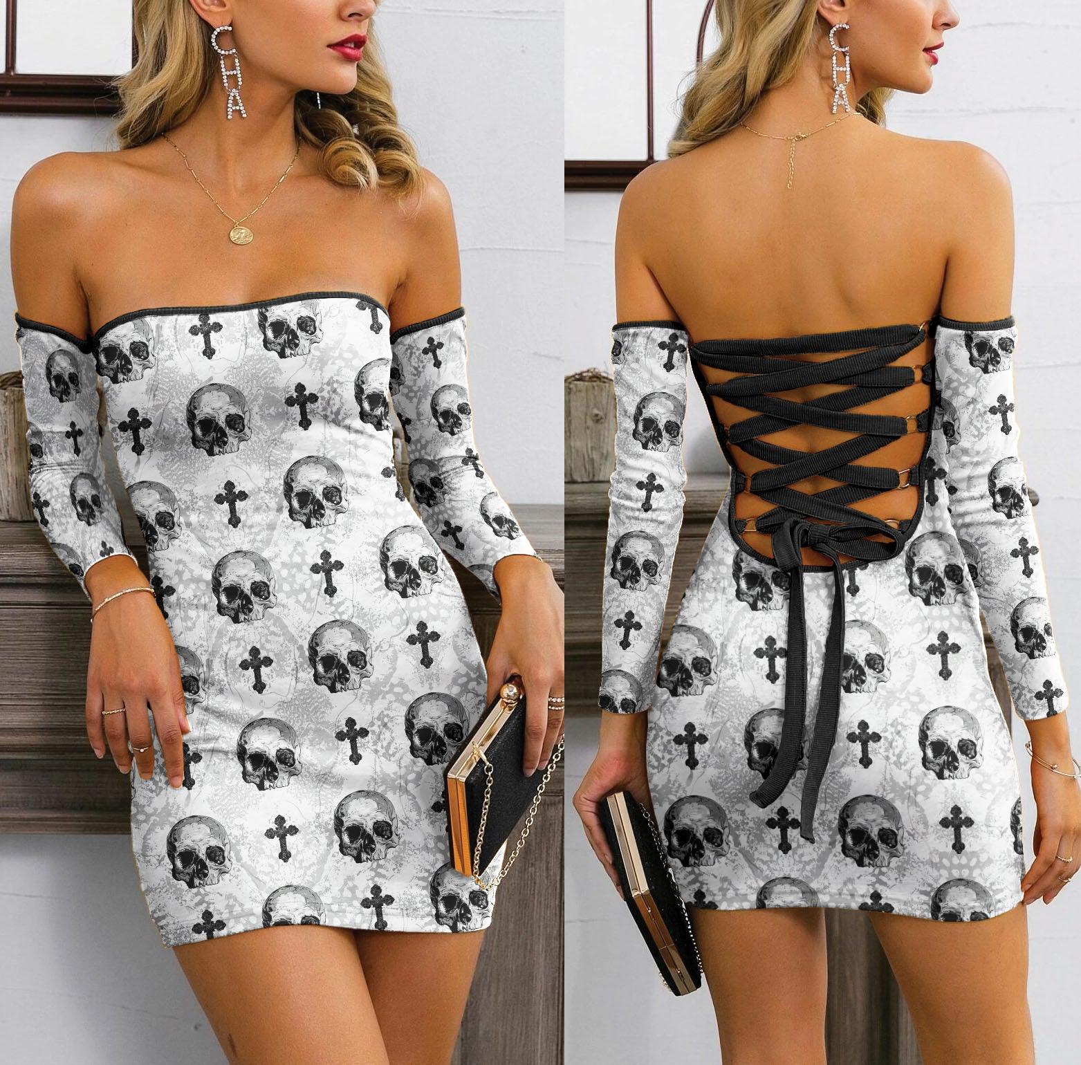 Skull Jesus Pattern Purple Off-shoulder Back Lace-up Dress - Wonder Skull