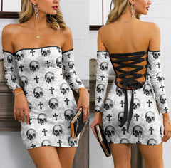 Skull Jesus Pattern Purple Off-shoulder Back Lace-up Dress - Wonder Skull