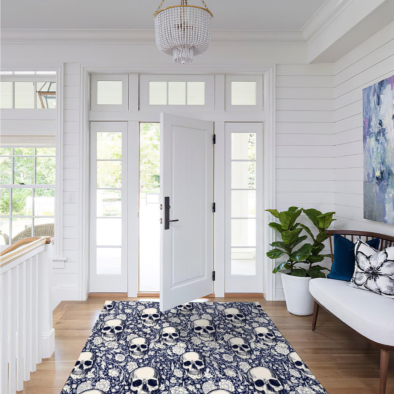Skull Navy Blue & White Floral Area Rugs - Wonder Skull