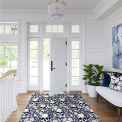 Skull Navy Blue & White Floral Area Rugs - Wonder Skull