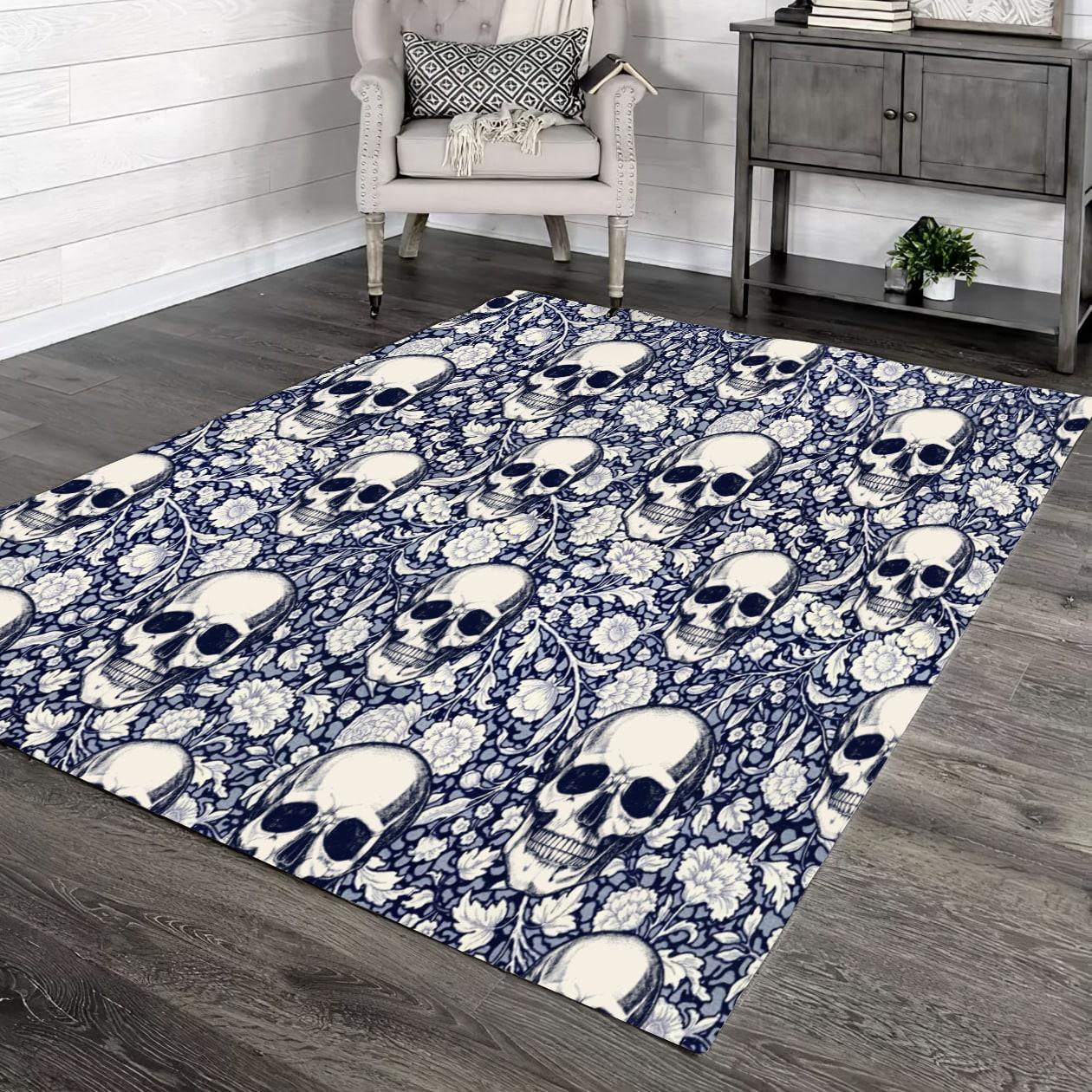 Skull Navy Blue & White Floral Area Rugs - Wonder Skull