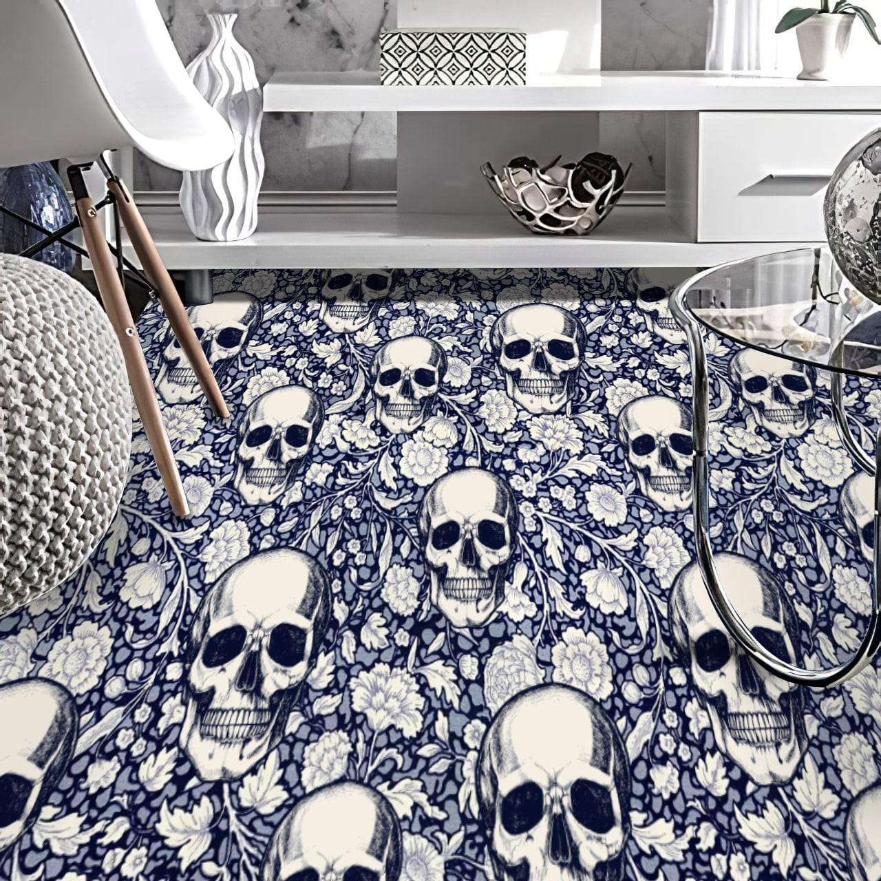 Skull Navy Blue & White Floral Area Rugs - Wonder Skull