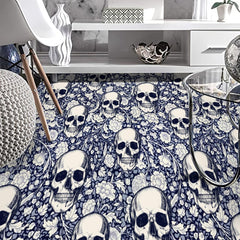Skull Navy Blue & White Floral Area Rugs - Wonder Skull