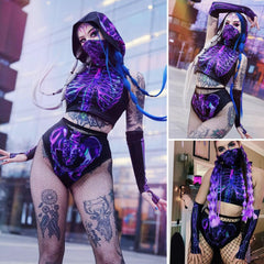Purple Skeleton Rave Outfits Women, Impressive Techwear Clothing - Wonder Skull