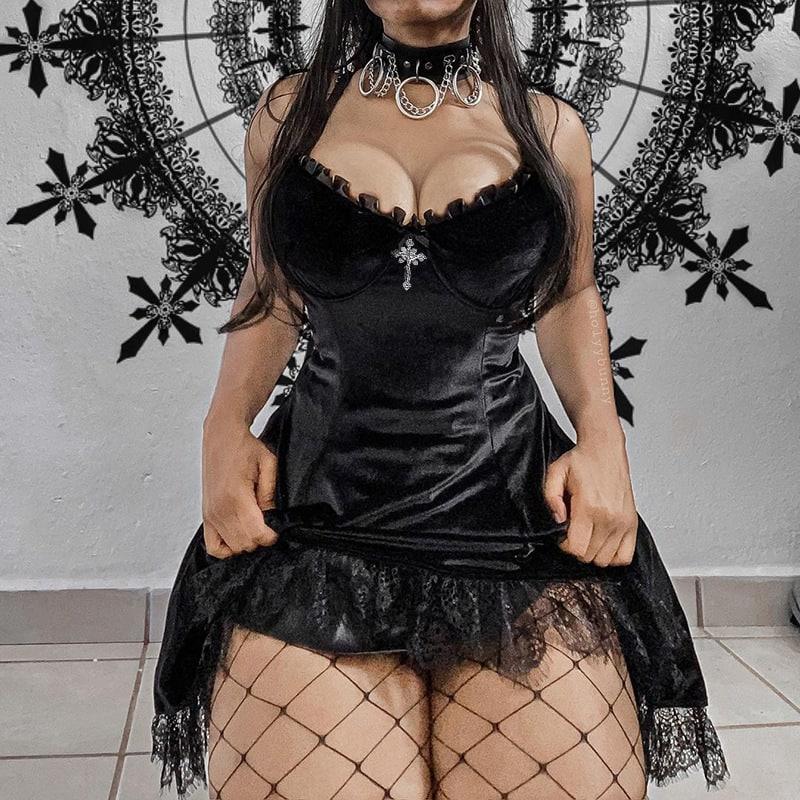 Goth Purple High Waist Dress, Vintage Velvet Lolita Outfit - Wonder Skull