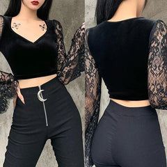 Witchy Gothic See Through Crop Top, Elegant Flared Long Sleeve For Women - Wonder Skull