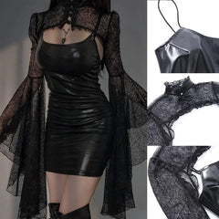 Witchy Gothic Leather Dress, Sexy Lace Flare Sleeve For Women - Wonder Skull