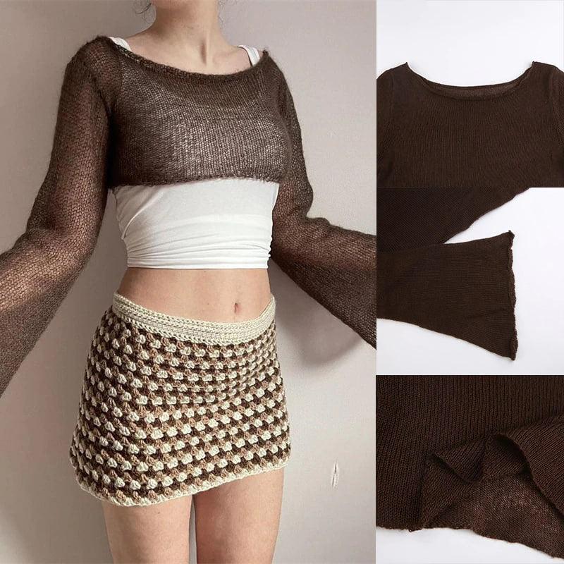 Solid Basic Knitted Crop Top, Fashionable Sun Protection Long Sleeve O-Neck For Women - Wonder Skull