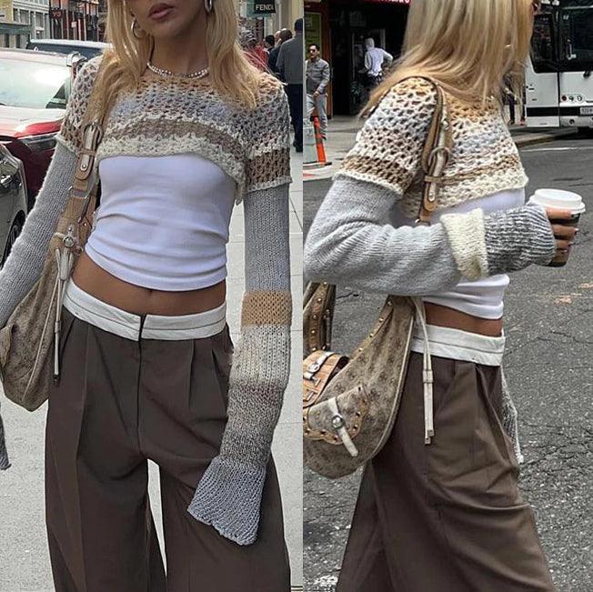 Retro Hollow Out Casual Crop Top, Beautiful Knitted Long Sleeve For Women - Wonder Skull