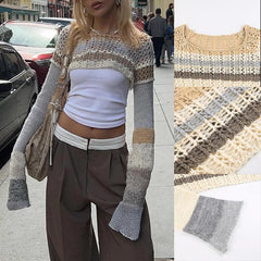 Retro Hollow Out Casual Crop Top, Beautiful Knitted Long Sleeve For Women - Wonder Skull
