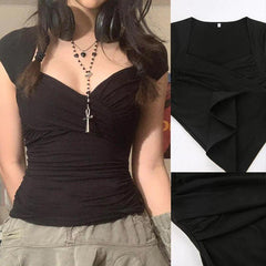 Retro Cross Folds Neck Body Shirt, Beautiful Short Sleeve Square T-Shirt For Women - Wonder Skull