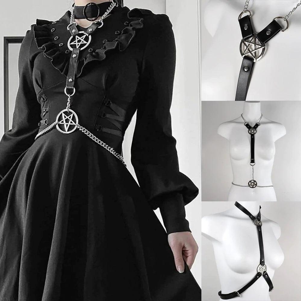 Punk Pentagram Faux Leather Harness Bra, Savage Body Cage Chest For Women - Wonder Skull