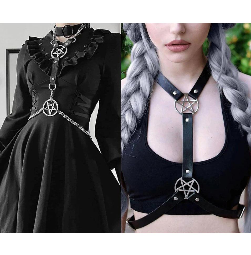 Punk Pentagram Faux Leather Harness Bra, Savage Body Cage Chest For Women - Wonder Skull