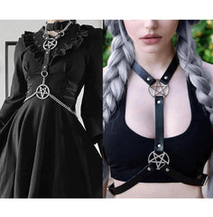 Punk Pentagram Faux Leather Harness Bra, Savage Body Cage Chest For Women - Wonder Skull