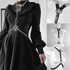 Punk Pentagram Faux Leather Harness Bra, Savage Body Cage Chest For Women - Wonder Skull