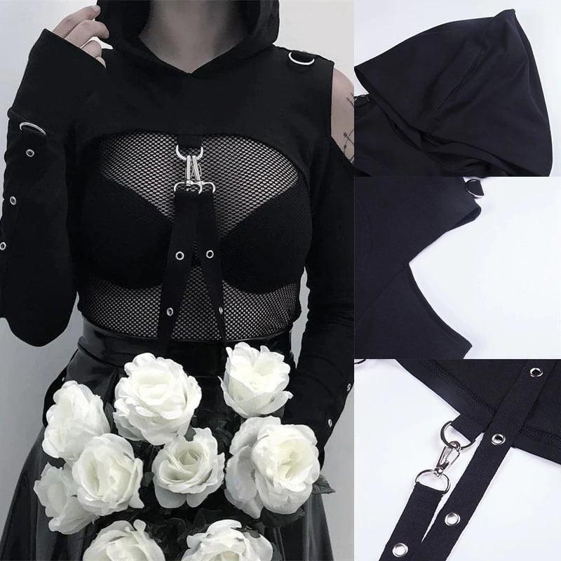Punk Gothic Sexy Lace Crop Hoodie, Cool Long Sleeve Top For Women - Wonder Skull