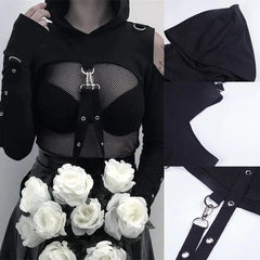 Punk Gothic Sexy Lace Crop Hoodie, Cool Long Sleeve Top For Women - Wonder Skull