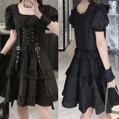 Punk Gothic Front Tie Dress, Impressive Puff Sleeve Clothes For Women - Wonder Skull