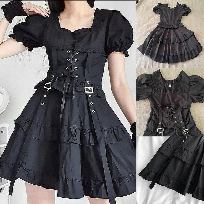 Punk Gothic Front Tie Dress, Impressive Puff Sleeve Clothes For Women - Wonder Skull