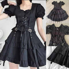 Punk Gothic Front Tie Dress, Impressive Puff Sleeve Clothes For Women - Wonder Skull