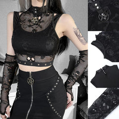 Gothic Skull Printed Tee Top, Cool Fishnet Sleeve For Women - Wonder Skull