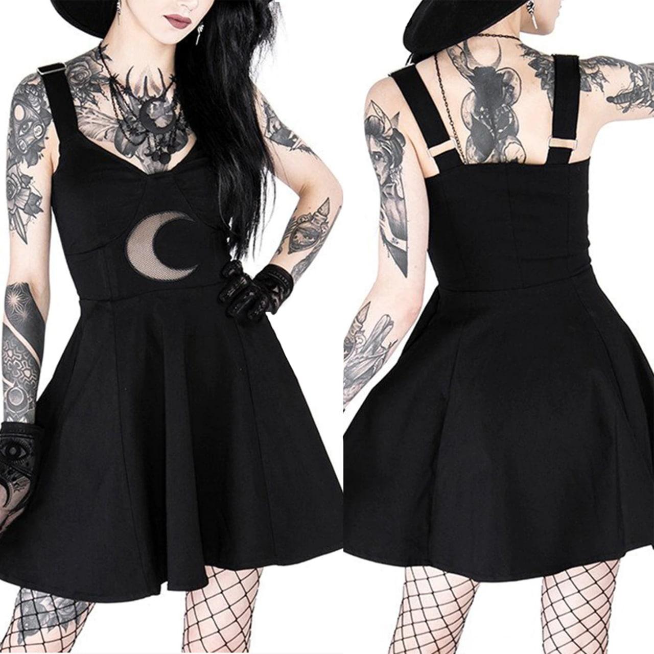 Gothic Moon Lace Black Dress, Elegant Witchy Sleeveless Mini Dress For Women - Wonder Skull