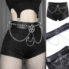 Gothic Leather Shorts With Chain, Impressive Bottom With Petagram Belt For Women - Wonder Skull