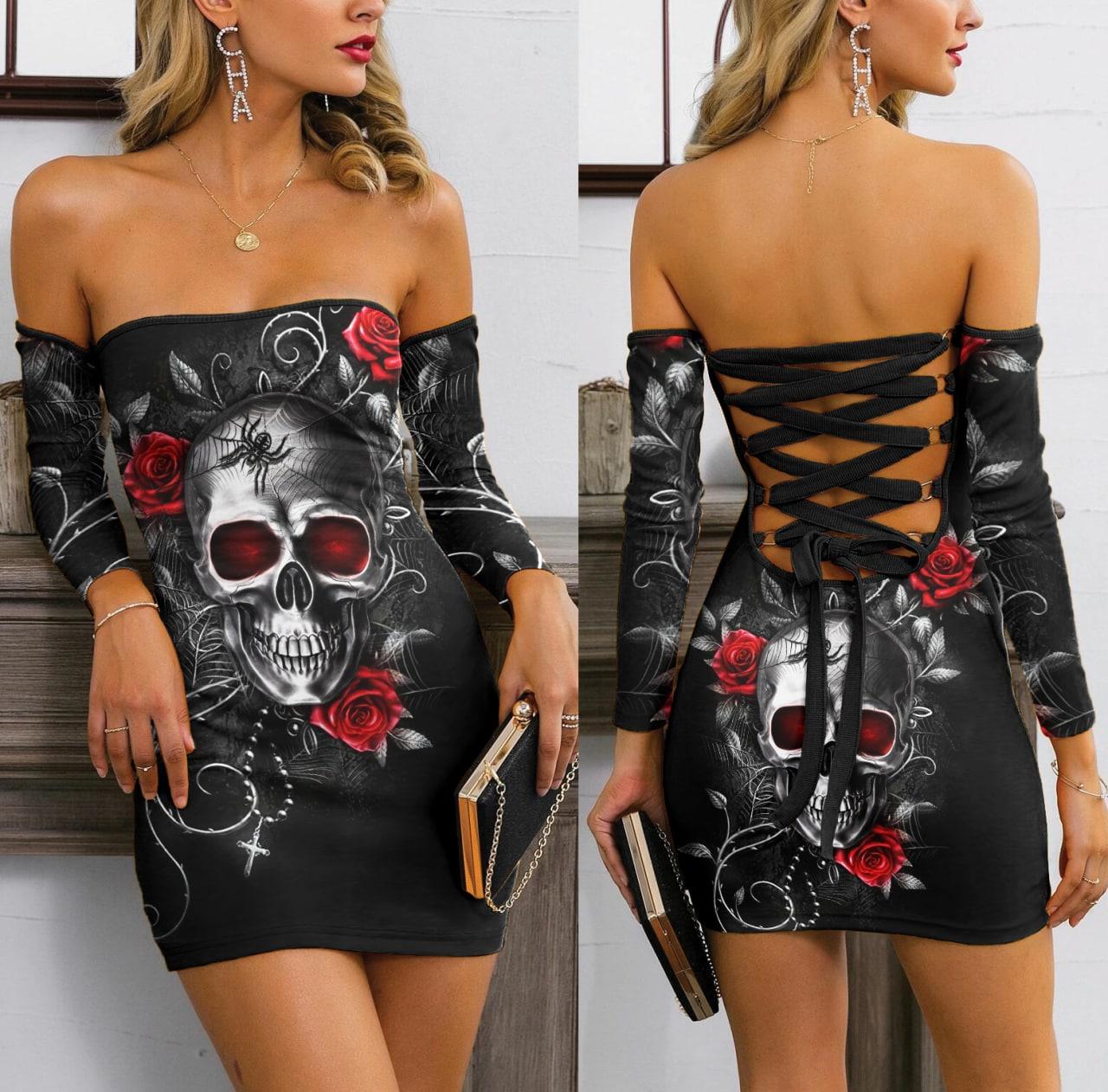 Gothic Skull Rose Off-Shoulder Back Dress, Sexy Lace-Up Clubwear For Women - Wonder Skull