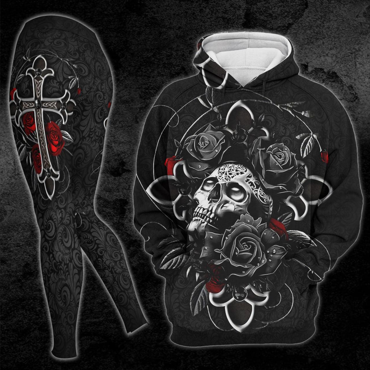 Dark Skull Cross Rose Combo Hoodie and Leggings For Women - Wonder Skull