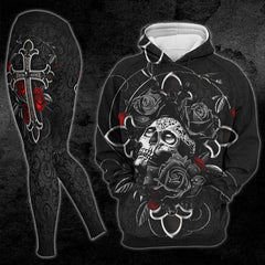 Dark Skull Cross Rose Combo Hoodie and Leggings For Women - Wonder Skull