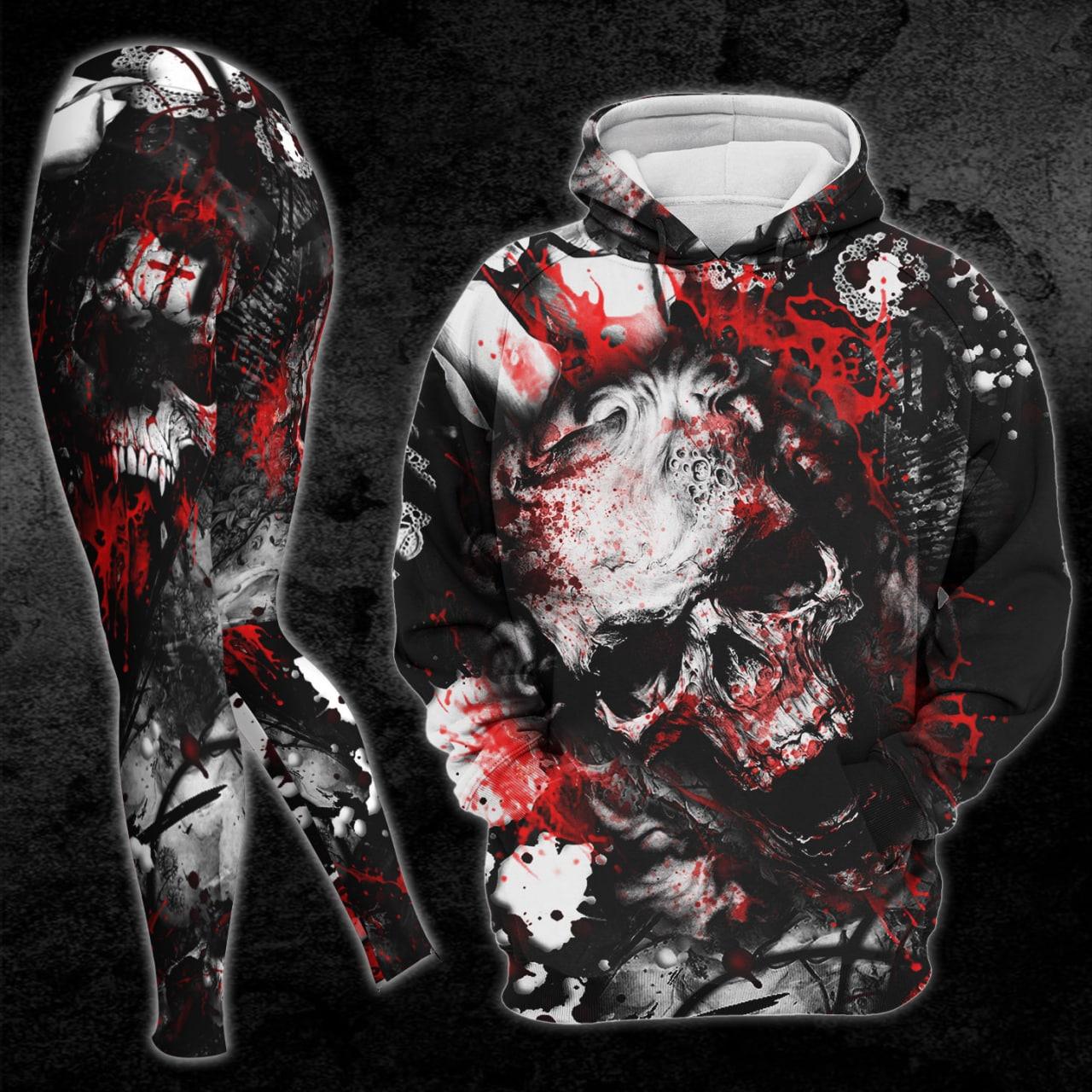 Red Bloody Scary Skull Print Combo Hoodie and Leggings For Women - Wonder Skull