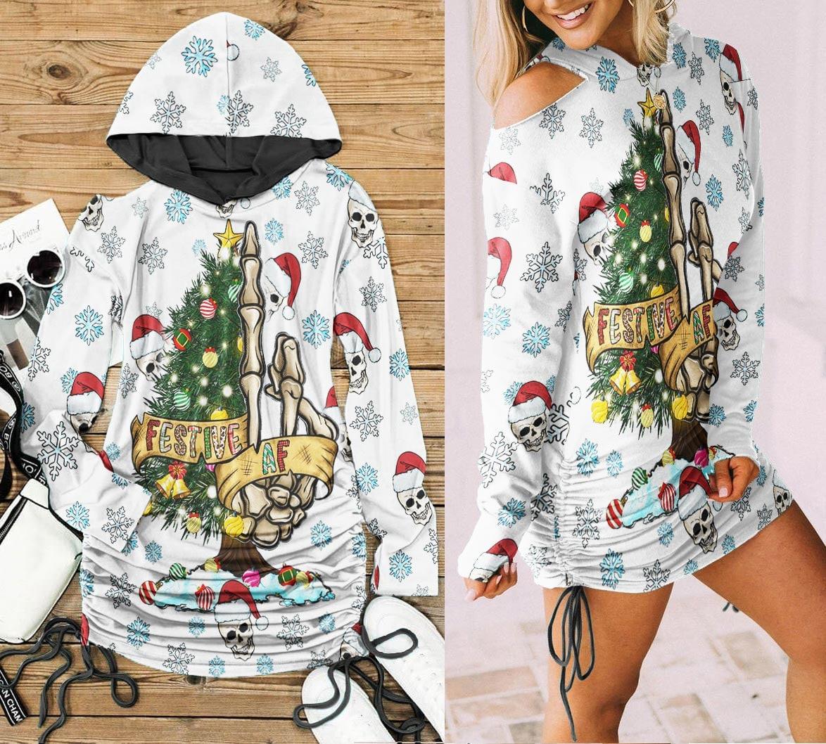 Christmas Skeleton Hand Snowy Print Open Shoulder Dress - Wonder Skull