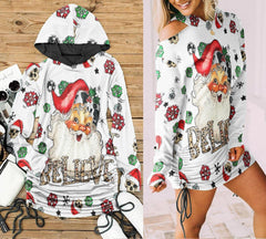 Christmas Skull Santa Claus Snowy Print Open Shoulder Dress - Wonder Skull