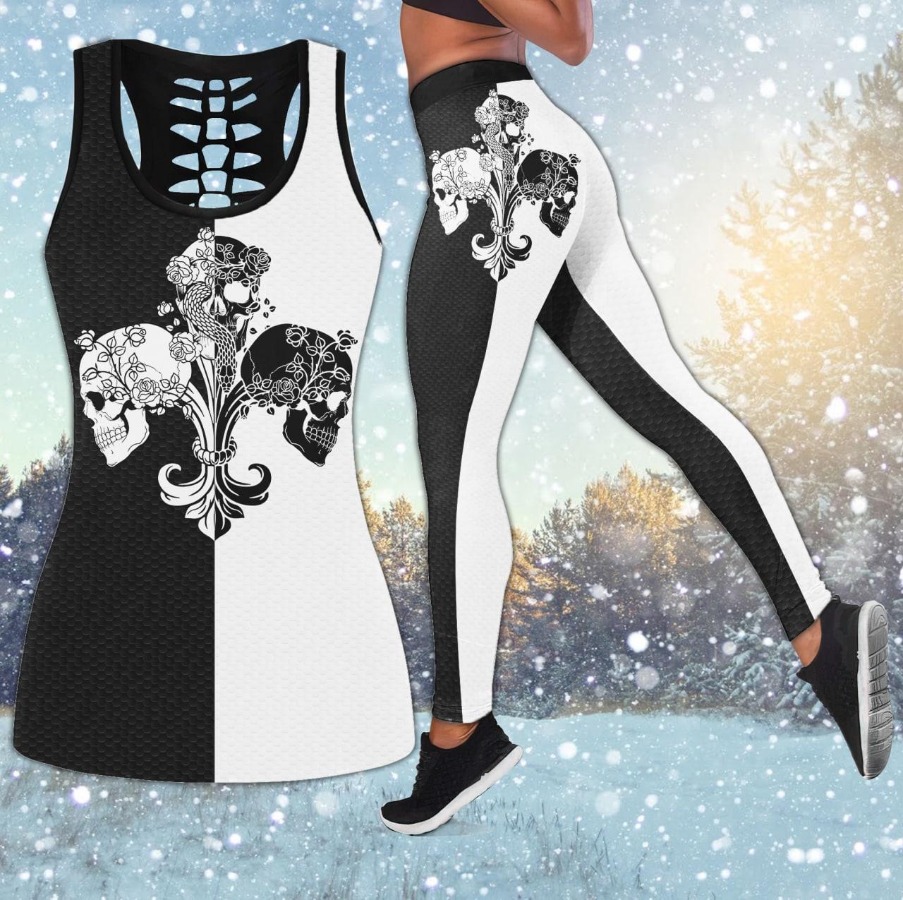 Black White Skull Flower Combo Tanktop & Leggings - Wonder Skull