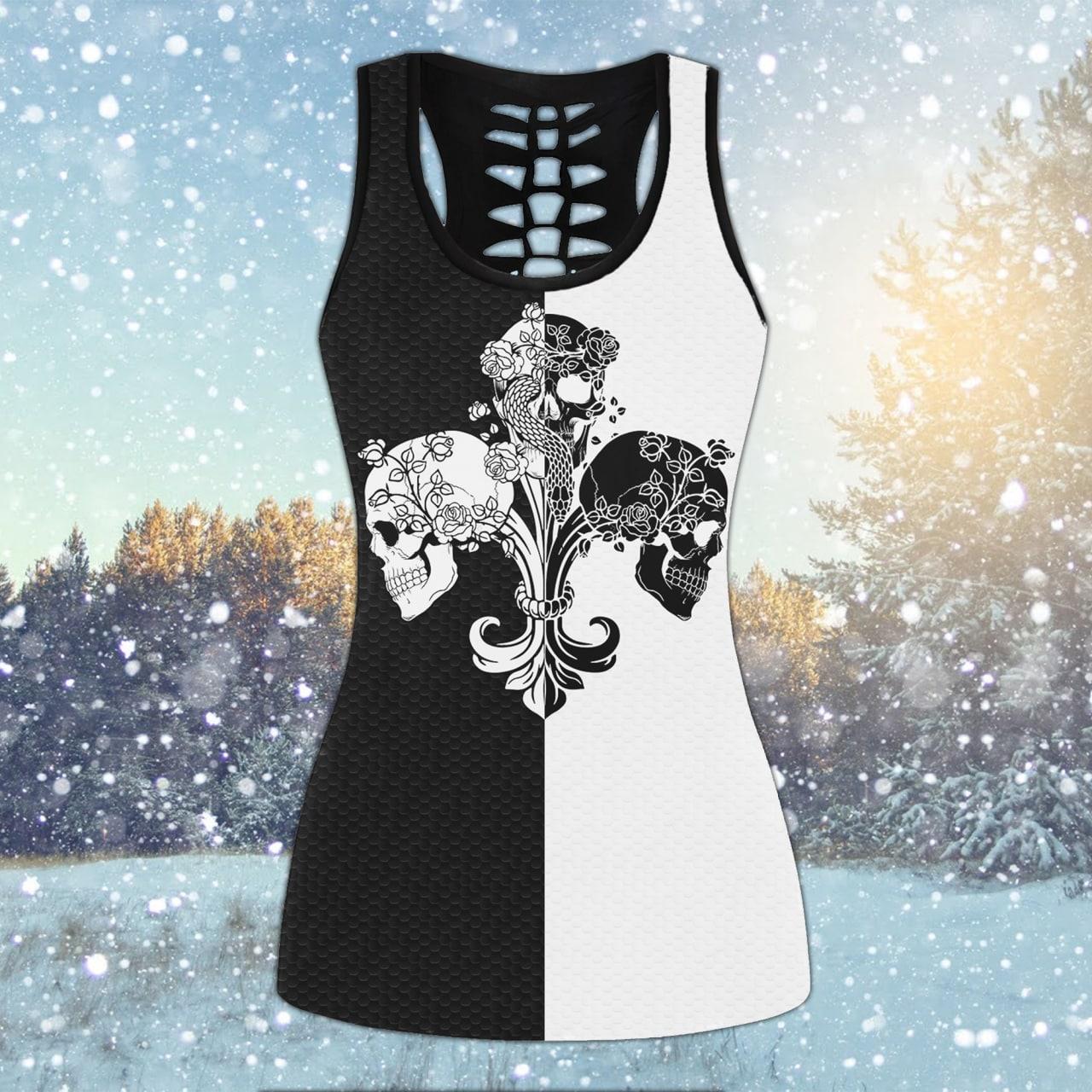 Black White Skull Flower Combo Tanktop & Leggings - Wonder Skull