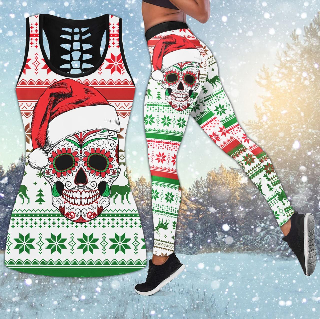 Christmas White Red Santa Skull Plaid Combo Tanktop & Leggings - Wonder Skull