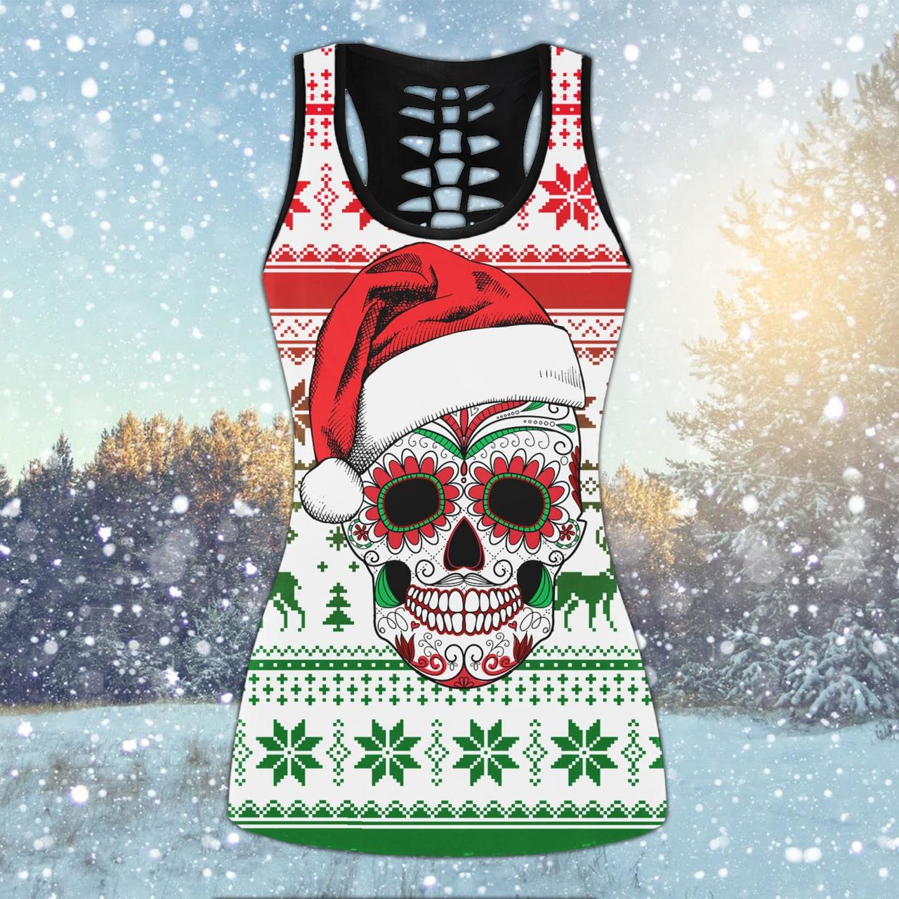 Christmas White Red Santa Skull Plaid Combo Tanktop & Leggings - Wonder Skull