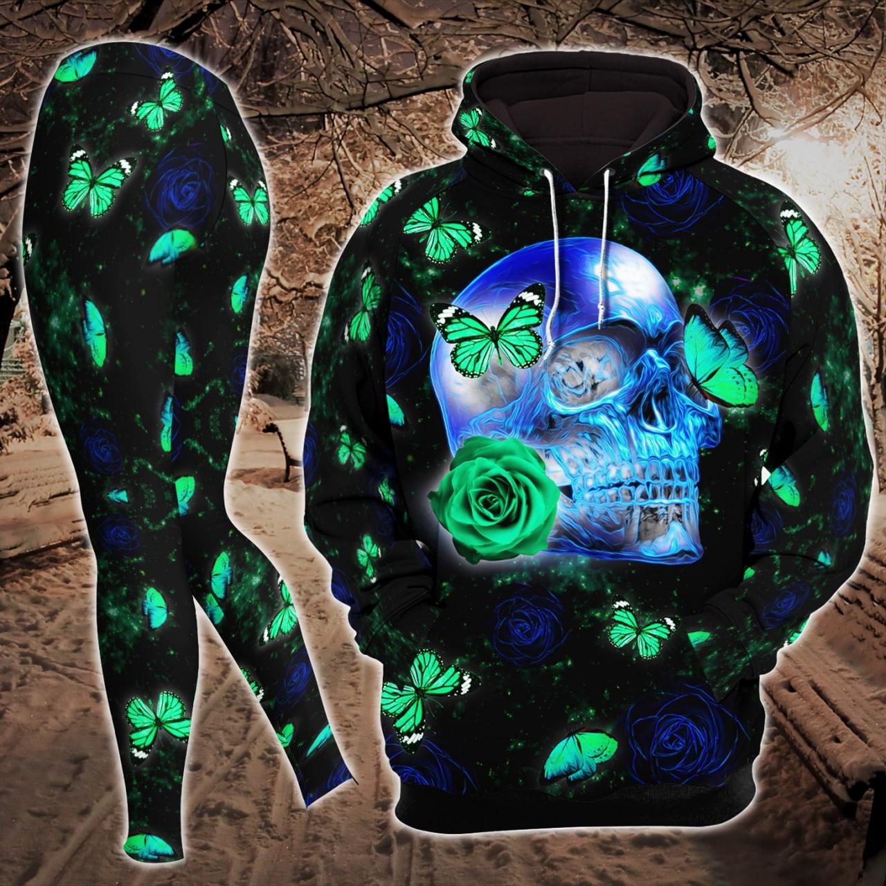 Neon Diamond Skull Butterfly Artwork Combo Hoodie and Leggings - Wonder Skull