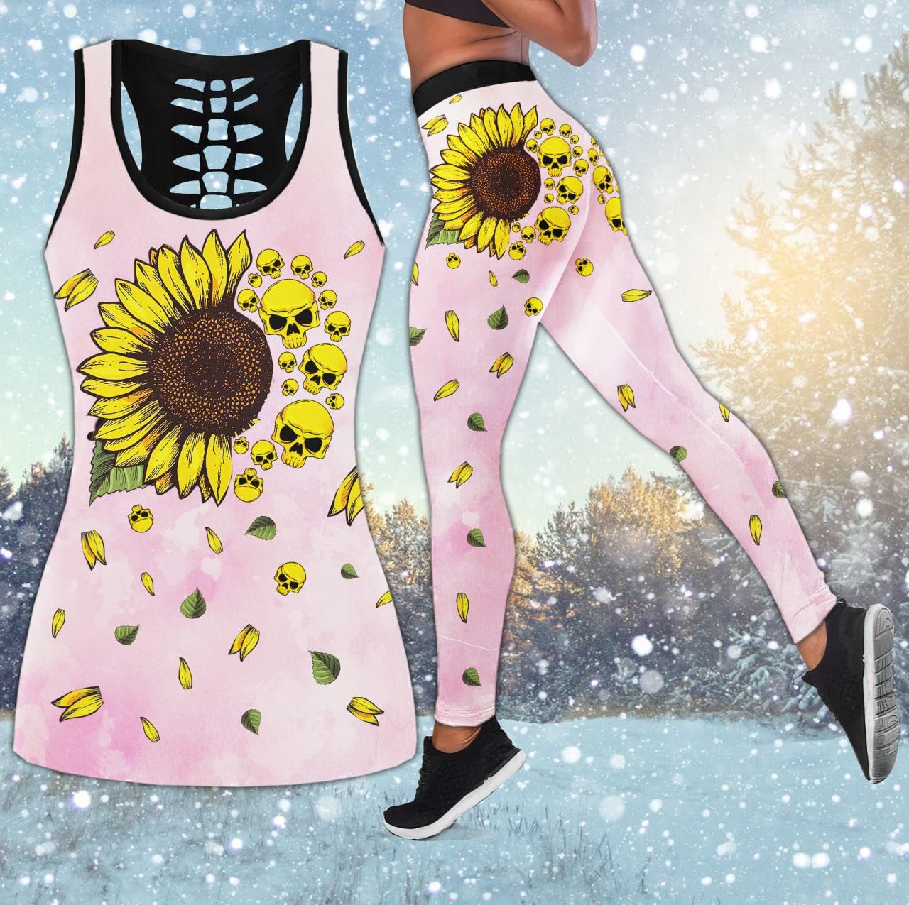 Christmas Pink Sunflower Skull Combo Tanktop & Leggings - Wonder Skull