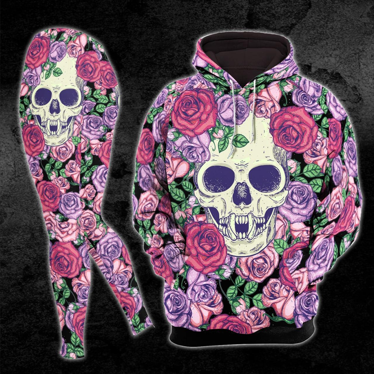 Pink Flower Rose Skull Combo Hoodie and Leggings - Wonder Skull