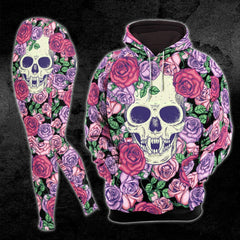Pink Flower Rose Skull Combo Hoodie and Leggings - Wonder Skull