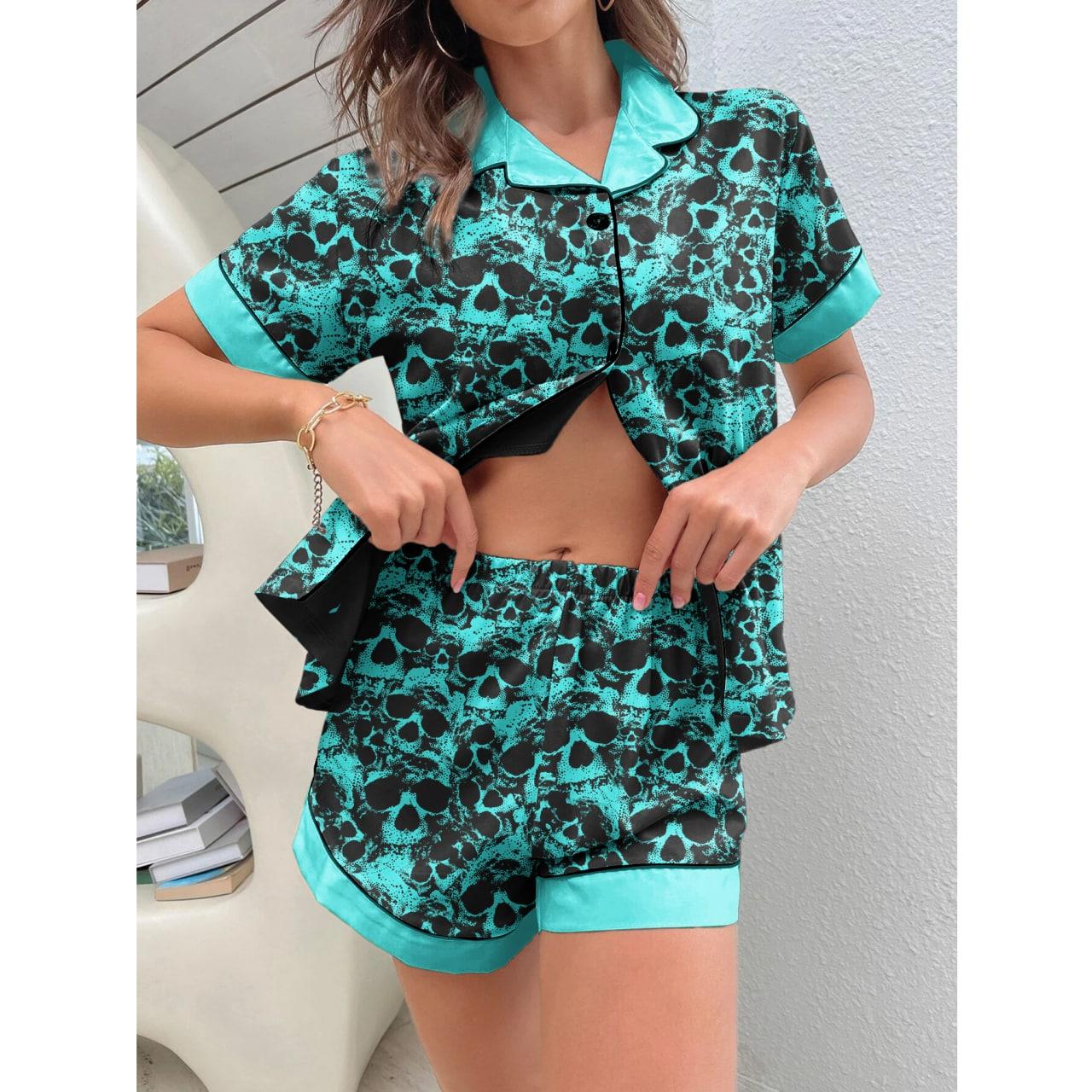 Skull Turquoise Sexy Pajama Sets With Short Sleeve - Wonder Skull