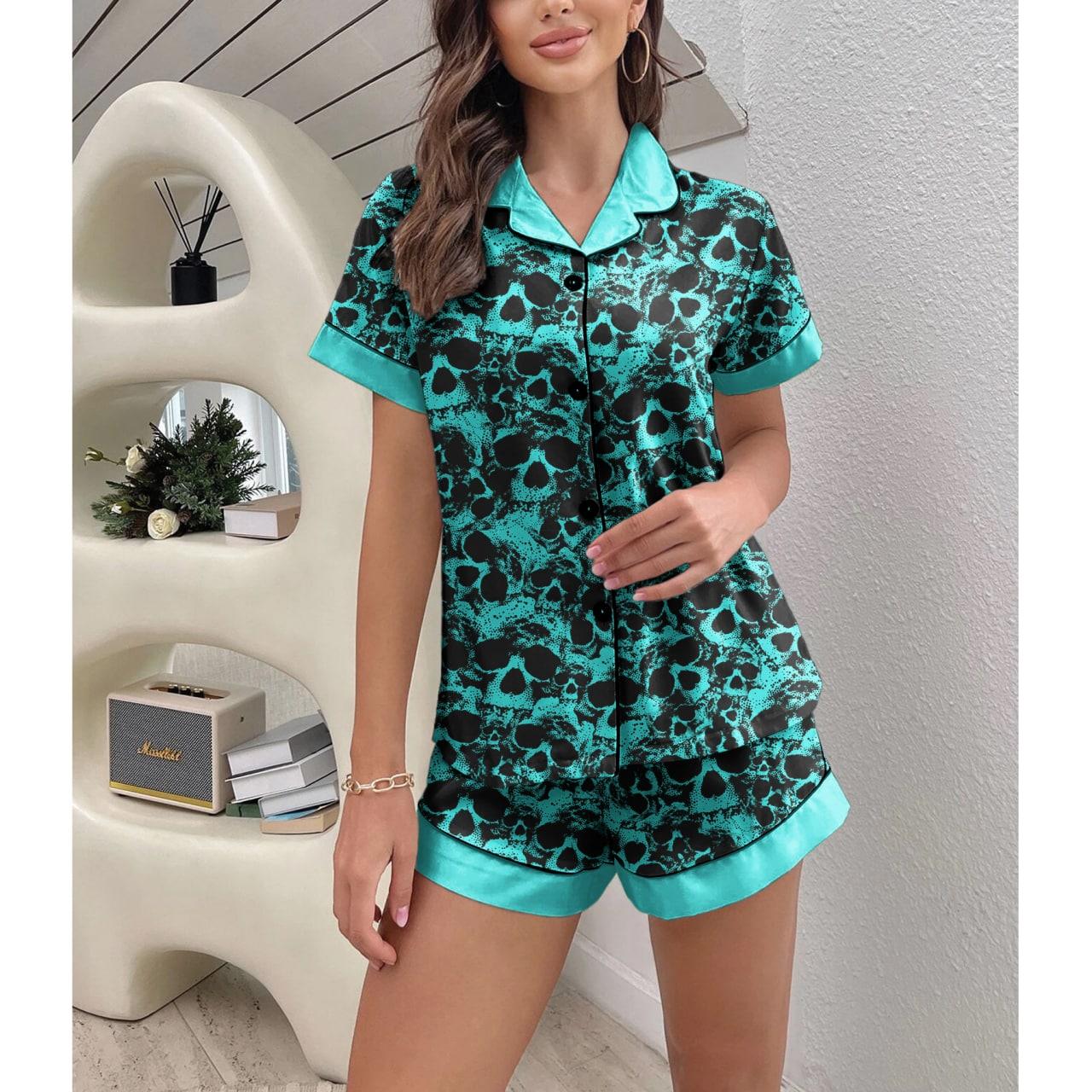 Skull Turquoise Sexy Pajama Sets With Short Sleeve - Wonder Skull