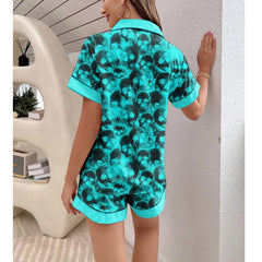 Turquoise Skull Gothic Sexy Pajama Sets With Short Sleeve - Wonder Skull