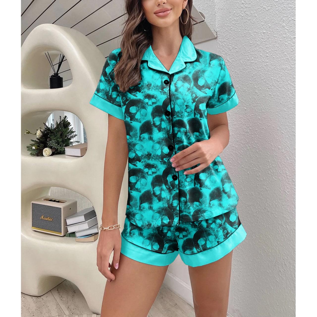 Turquoise Skull Gothic Sexy Pajama Sets With Short Sleeve - Wonder Skull
