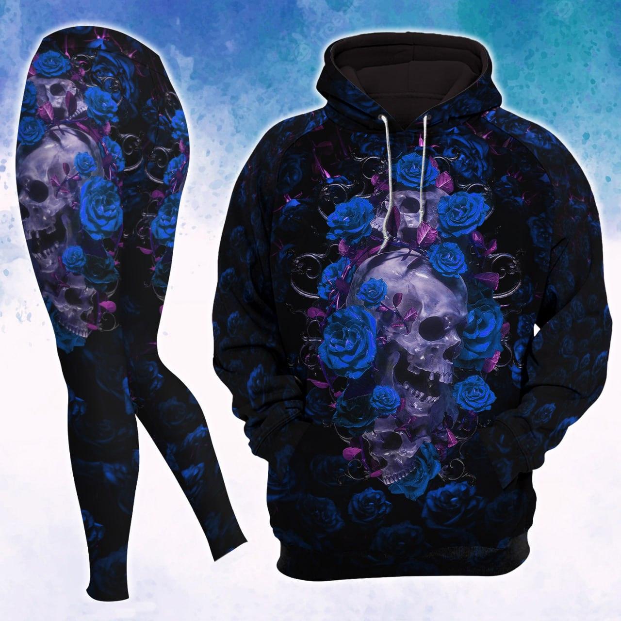 Blue Rose Skull Gothic Artwork Combo Hoodie and Leggings - Wonder Skull